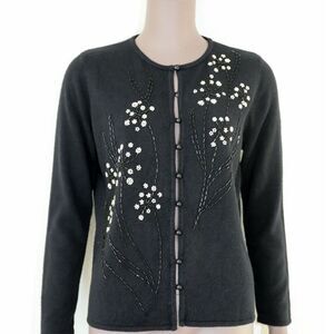 Vintage 80s Beaded Cardigan Black Knitted‎ Sweater Casual Floral Chic Top Small